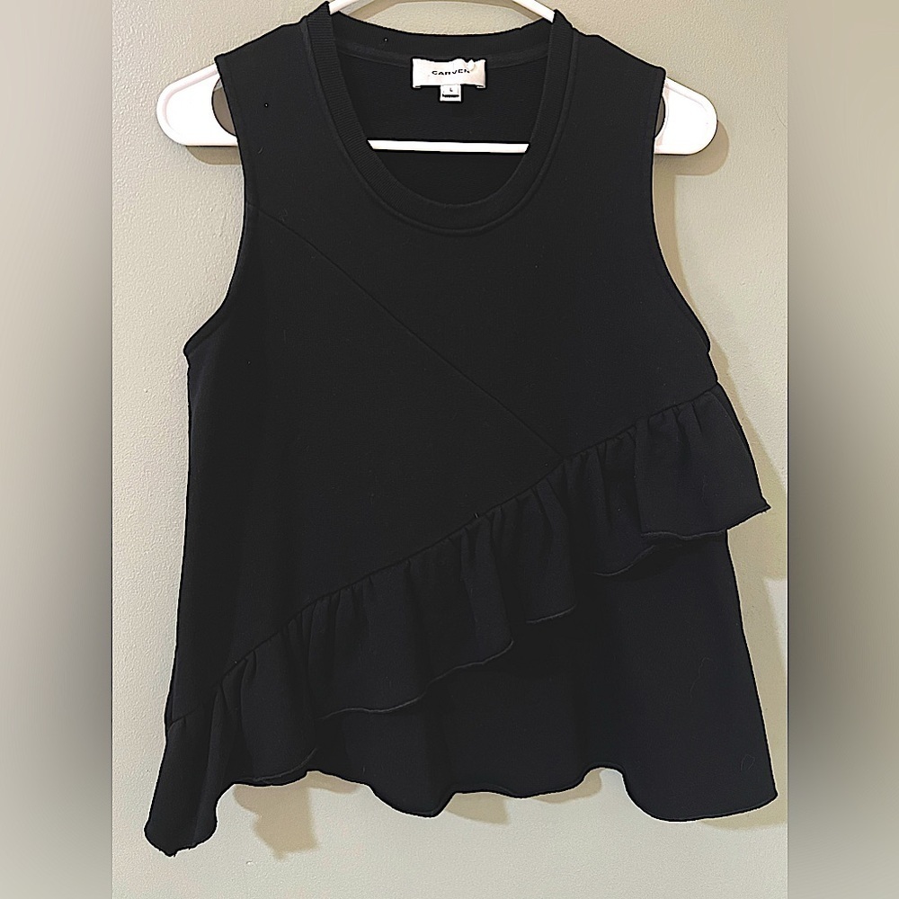 CARVEN black sleeves flowy black blouse ruffle detail size large designer